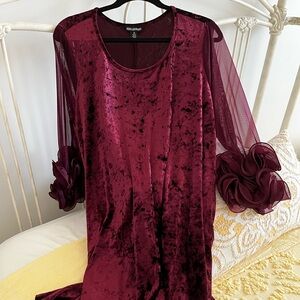 Velvet Chiffon-Sleeve Midi Dress - Burgundy size 2X